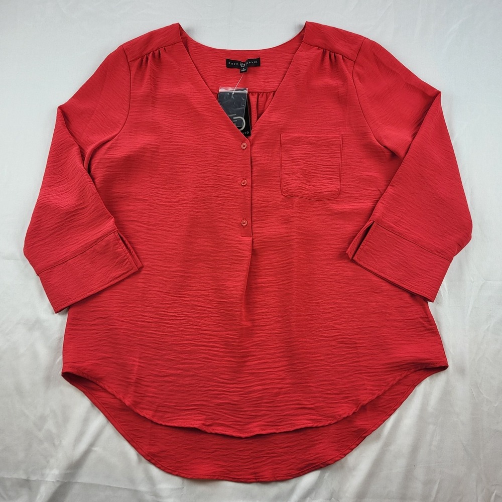 Fred David Women's Red Blouse Pocket Large 3/4 Sleeve V-Neck NWT Button Closure